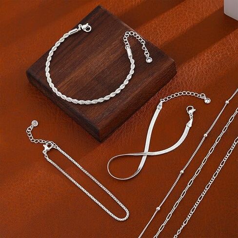 Dainty Silver Bracelets for Women Trendy - Sterling Silver Jewelry Set for Women, 6 PCS Stackable Bracelets Chain Bracelet Fashion Accessories Pack, Gifts for Women, Mom, Wife, Girlfriend in Saudi Arabia