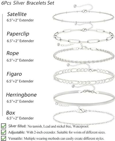 Dainty Silver Bracelets for Women Trendy - Sterling Silver Jewelry Set for Women, 6 PCS Stackable Bracelets Chain Bracelet Fashion Accessories Pack, Gifts for Women, Mom, Wife, Girlfriend in Saudi Arabia
