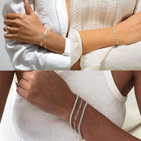 Dainty Silver Bracelets for Women Trendy - Sterling Silver Jewelry Set for Women, 6 PCS Stackable Bracelets Chain Bracelet Fashion Accessories Pack, Gifts for Women, Mom, Wife, Girlfriend in Saudi Arabia