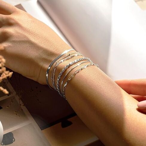 Dainty Silver Bracelets for Women Trendy - Sterling Silver Jewelry Set for Women, 6 PCS Stackable Bracelets Chain Bracelet Fashion Accessories Pack, Gifts for Women, Mom, Wife, Girlfriend in Saudi Arabia
