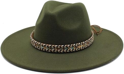 Wide Brim Wool Fedora Hat, Western Style with Beaded Band, Khaki in Saudi Arabia
