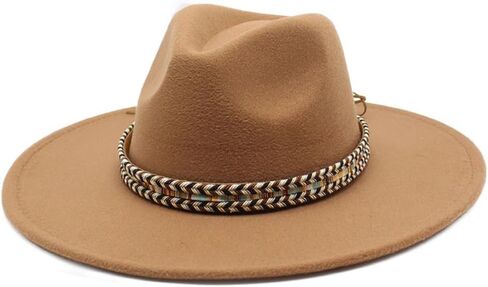Wide Brim Wool Fedora Hat, Western Style with Beaded Band, Khaki in Saudi Arabia