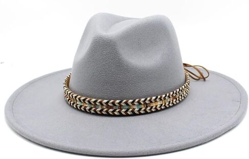 Wide Brim Wool Fedora Hat, Western Style with Beaded Band, Khaki in Saudi Arabia