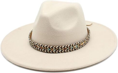 Wide Brim Wool Fedora Hat, Western Style with Beaded Band, Khaki in Saudi Arabia