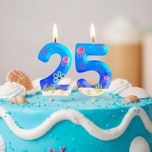 شمعة رقم نمط المحيط 2 و5 لكعكة عيد الميلاد الخامس والعشرين، شمع أبيض مع طباعة صدف قنديل البحر على شكل زهور كرتونية، ديكورات علوية للكيك ذات طابع بحري متين لحفلات أعياد الميلاد in Kuwait