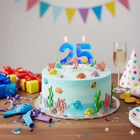 شمعة رقم نمط المحيط 2 و5 لكعكة عيد الميلاد الخامس والعشرين، شمع أبيض مع طباعة صدف قنديل البحر على شكل زهور كرتونية، ديكورات علوية للكيك ذات طابع بحري متين لحفلات أعياد الميلاد in Kuwait