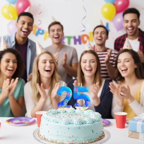 شمعة رقم نمط المحيط 2 و5 لكعكة عيد الميلاد الخامس والعشرين، شمع أبيض مع طباعة صدف قنديل البحر على شكل زهور كرتونية، ديكورات علوية للكيك ذات طابع بحري متين لحفلات أعياد الميلاد in Kuwait