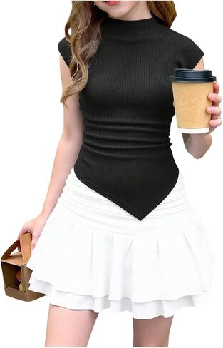 OYOANGLE Girl's Mock Neck Cap Sleeve Fitted Tshirts Asymmetrical Hem Ribbed Knit Ruched Top in Saudi Arabia