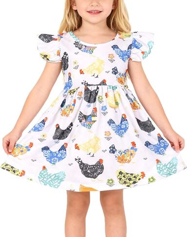 Toddler Girls Dress Cartoon Casual Print Dresses Flutter Sleeve Outfits 2-8Y in Saudi Arabia
