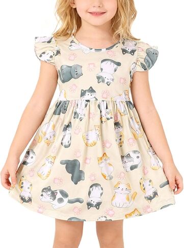 Toddler Girls Dress Cartoon Casual Print Dresses Flutter Sleeve Outfits 2-8Y in Saudi Arabia