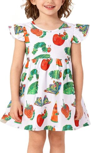 Toddler Girls Dress Cartoon Casual Print Dresses Flutter Sleeve Outfits 2-8Y in Saudi Arabia