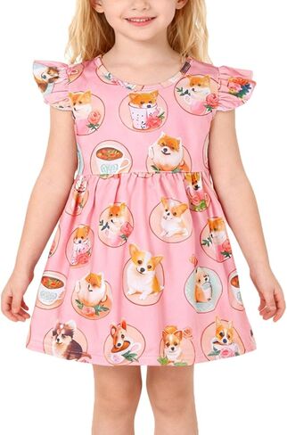 Toddler Girls Dress Cartoon Casual Print Dresses Flutter Sleeve Outfits 2-8Y in Saudi Arabia