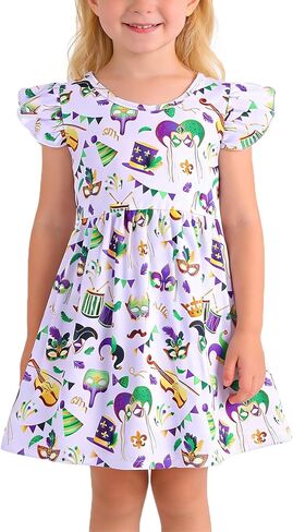 Toddler Girls Dress Cartoon Casual Print Dresses Flutter Sleeve Outfits 2-8Y in Saudi Arabia