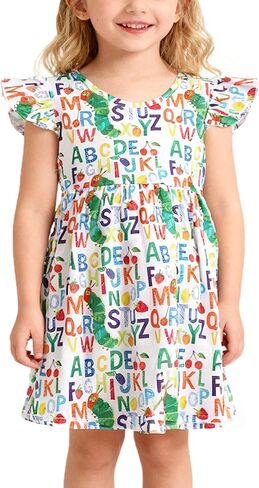 Toddler Girls Dress Cartoon Casual Print Dresses Flutter Sleeve Outfits 2-8Y in Saudi Arabia