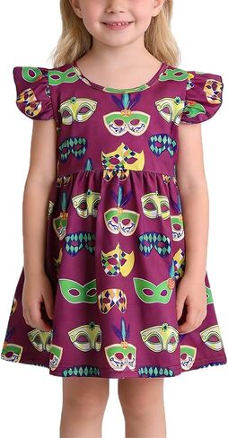 Toddler Girls Dress Cartoon Casual Print Dresses Flutter Sleeve Outfits 2-8Y in Saudi Arabia