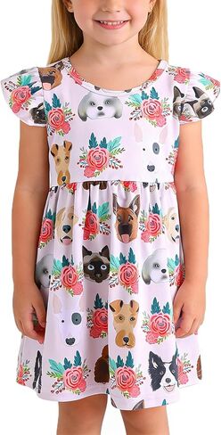 Toddler Girls Dress Cartoon Casual Print Dresses Flutter Sleeve Outfits 2-8Y in Saudi Arabia
