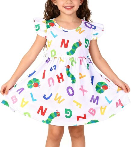Toddler Girls Dress Cartoon Casual Print Dresses Flutter Sleeve Outfits 2-8Y in Saudi Arabia
