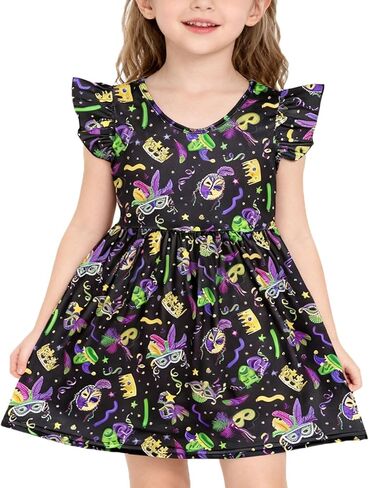 Toddler Girls Dress Cartoon Casual Print Dresses Flutter Sleeve Outfits 2-8Y in Saudi Arabia