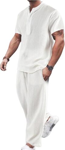 Men's Beach Vacation Clothes 2 Piece Short Sleeve Henley Shirts and Wide Leg Lounge Pants Cruise Outfits in Saudi Arabia