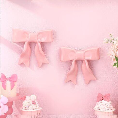 2 Pcs Ceramic Pink Bow Wall Decor with Hooks Coquette Nursery Decoration Room Decor Hanging Cute Bowknot Shaped Wall Art for Home Nursery Girls Living Room College Dorm in Saudi Arabia