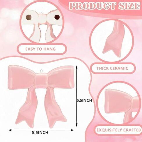 2 Pcs Ceramic Pink Bow Wall Decor with Hooks Coquette Nursery Decoration Room Decor Hanging Cute Bowknot Shaped Wall Art for Home Nursery Girls Living Room College Dorm in Saudi Arabia
