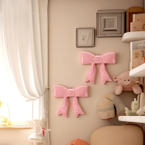 2 Pcs Ceramic Pink Bow Wall Decor with Hooks Coquette Nursery Decoration Room Decor Hanging Cute Bowknot Shaped Wall Art for Home Nursery Girls Living Room College Dorm in Saudi Arabia