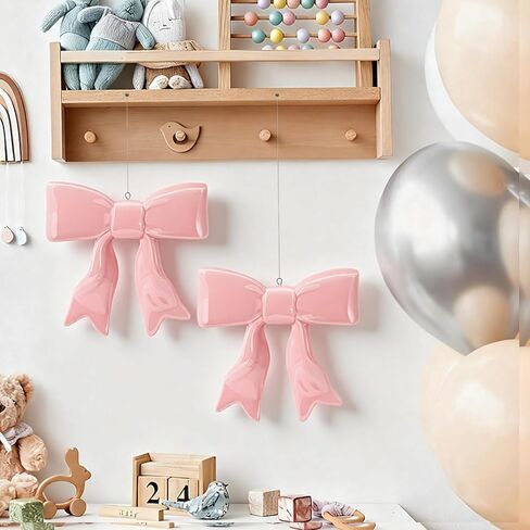 2 Pcs Ceramic Pink Bow Wall Decor with Hooks Coquette Nursery Decoration Room Decor Hanging Cute Bowknot Shaped Wall Art for Home Nursery Girls Living Room College Dorm in Saudi Arabia