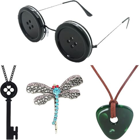 مجموعات إكسسوارات قلائد تنكرية مكونة من 4 قطع للحفلات التنكرية - قلادة على شكل زر عيون ترى حجرًا على شكل يعسوب ومشبك شعر مفتاح أسود - للنساء والرجال لتزيين حفلات الهالوين وهدايا أعياد الميلاد (D) in Kuwait