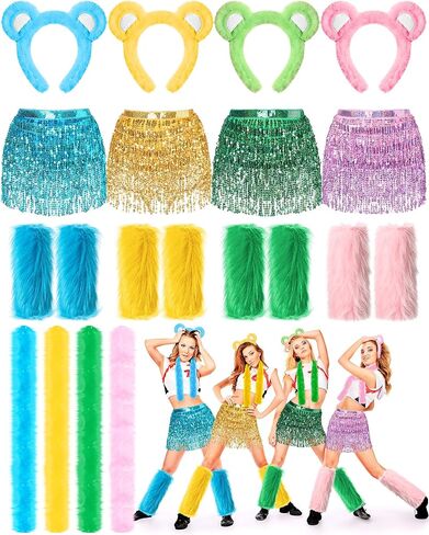 Newcotte 4 Set Bear Costume Kit for Group Pastel Bear Ears Headband Sequin Tassel Skirt Faux Fur Fuzzy Leg Warmers Feather Boa Winter Cosplay Party Costume Accessories for Women in Saudi Arabia