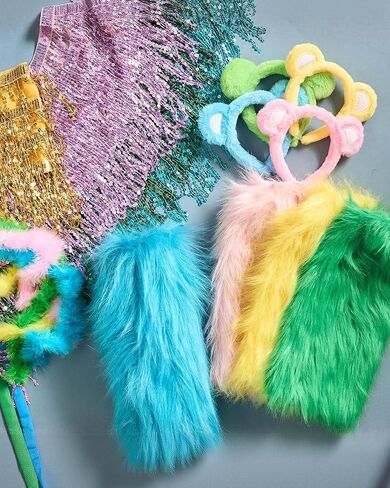 Newcotte 4 Set Bear Costume Kit for Group Pastel Bear Ears Headband Sequin Tassel Skirt Faux Fur Fuzzy Leg Warmers Feather Boa Winter Cosplay Party Costume Accessories for Women in Saudi Arabia