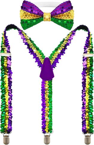 Mardi Gras Suspenders and Bow Tie Set for Men Adults, Green Purple Yellow Striped Costume Party Outfit in Saudi Arabia