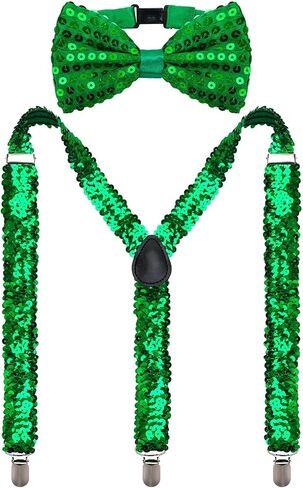 Mardi Gras Suspenders and Bow Tie Set for Men Adults, Green Purple Yellow Striped Costume Party Outfit in Saudi Arabia