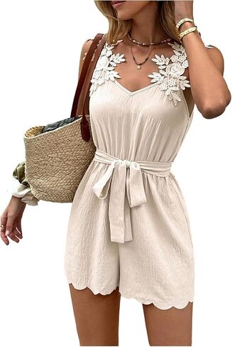 SHENHE Women's Summer Belted Romper Sleeveless Flower Embroidered Dressy Short Jumper in Saudi Arabia