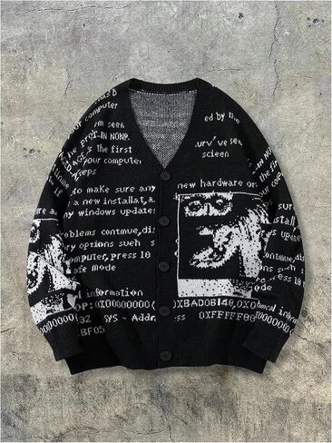 Men's Grunge Cardigan Sweater Letter Graphic Vintage Cardigan Long Sleeve Button Down Oversized Knitted Outerwear in Saudi Arabia