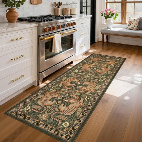 garveehome النمر الطباعة 2'6 "× 8" السجاد عداء قابل للغسل للممرات، بوهو الأخضر المطبخ عداء رقيقة جدا لينة خمر القبلية داخلي رمي السجاد الكلمة لمدخل غرفة نوم الحمام in Kuwait
