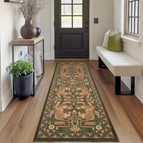 garveehome النمر الطباعة 2'6 "× 8" السجاد عداء قابل للغسل للممرات، بوهو الأخضر المطبخ عداء رقيقة جدا لينة خمر القبلية داخلي رمي السجاد الكلمة لمدخل غرفة نوم الحمام in Kuwait