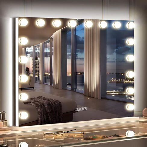 فانيتي هوليوود مرآة الغرور مع أضواء RGB الزجاج المقسى تضيء مرآة ماكياج مع 18 لمبات LED قابلة للتعتيم 3 أوضاع إضاءة ملونة لمسة ذكية تكبير 10X لغرفة النوم in Saudi Arabia