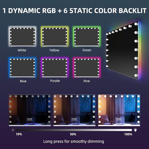 فانيتي هوليوود مرآة الغرور مع أضواء RGB الزجاج المقسى تضيء مرآة ماكياج مع 18 لمبات LED قابلة للتعتيم 3 أوضاع إضاءة ملونة لمسة ذكية تكبير 10X لغرفة النوم in Saudi Arabia