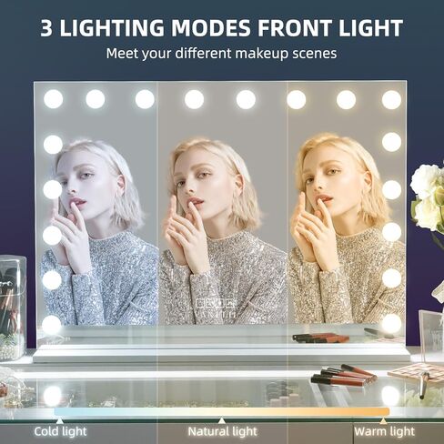 فانيتي هوليوود مرآة الغرور مع أضواء RGB الزجاج المقسى تضيء مرآة ماكياج مع 18 لمبات LED قابلة للتعتيم 3 أوضاع إضاءة ملونة لمسة ذكية تكبير 10X لغرفة النوم in Saudi Arabia