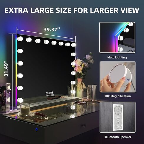 فانيتي هوليوود مرآة الغرور مع أضواء RGB الزجاج المقسى تضيء مرآة ماكياج مع 18 لمبات LED قابلة للتعتيم 3 أوضاع إضاءة ملونة لمسة ذكية تكبير 10X لغرفة النوم in Saudi Arabia