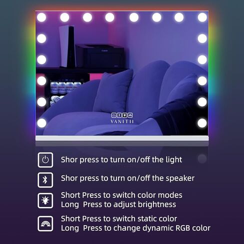 فانيتي هوليوود مرآة الغرور مع أضواء RGB الزجاج المقسى تضيء مرآة ماكياج مع 18 لمبات LED قابلة للتعتيم 3 أوضاع إضاءة ملونة لمسة ذكية تكبير 10X لغرفة النوم in Saudi Arabia