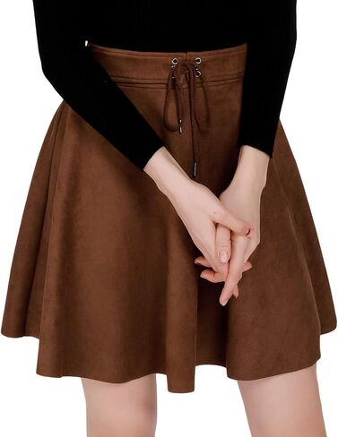 تنورة قصيرة من الجلد السويدي الصناعي من DIASHINY للنساء على شكل حرف A وحزام متزلج بخصر عالٍ وتنورات مطاطية واسعة in Kuwait