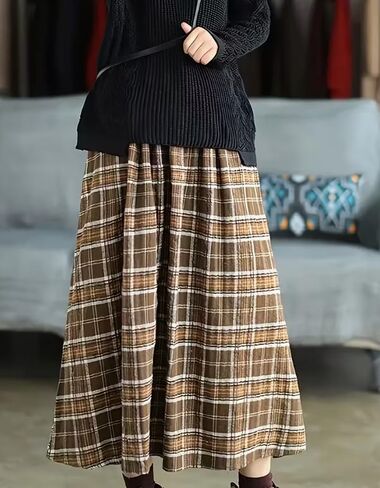 Women's Vintage Plaid Pleated Elastic Waist A-Line Midi Long Swing Skirt in Saudi Arabia
