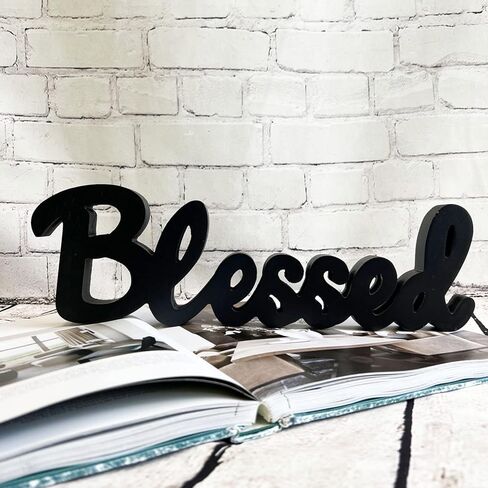 YUMBOR Black Wooden Cutout Blessed Freely Standing Sign Table Décor Kitchen Tabletop Fireplace Mantel Centerpiece Decoration Standing Rustic Wood Block Letters Wall Decorations (Blessed) in Saudi Arabia
