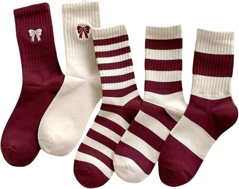 WDIRARA Women's 5 Pairs Bow Striped Crew Socks Soft Breathable Casual Socks in Saudi Arabia
