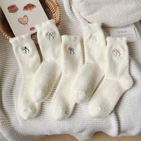 4pairs Winter Warm Mink Velvet Socks for Women Fashion Sweet Bow Plush Thicken White Hosiery Warm Sleep Home Floor Socks in Saudi Arabia
