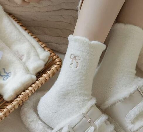 4pairs Winter Warm Mink Velvet Socks for Women Fashion Sweet Bow Plush Thicken White Hosiery Warm Sleep Home Floor Socks in Saudi Arabia