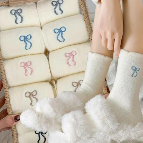 4pairs Winter Warm Mink Velvet Socks for Women Fashion Sweet Bow Plush Thicken White Hosiery Warm Sleep Home Floor Socks in Saudi Arabia