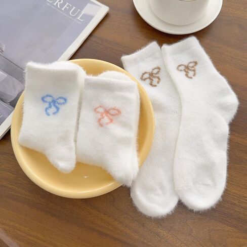 4pairs Winter Warm Mink Velvet Socks for Women Fashion Sweet Bow Plush Thicken White Hosiery Warm Sleep Home Floor Socks in Saudi Arabia