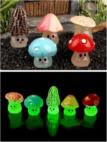5pcs Glow-in-The-Dark Mushroom Figurines, Resin Miniatures for Fairy Garden, Micro Landscape, DIY Crafts, Home Decor, Christmas & Halloween Decorations in Saudi Arabia